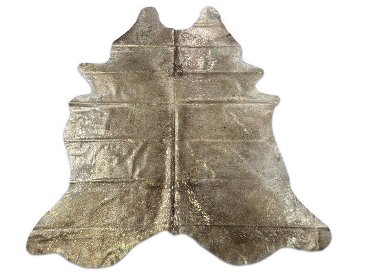Tapis en peau de vache beige avec finition métallisée dorée délavée à l'acide Taille : 8x6,7 pieds D-077