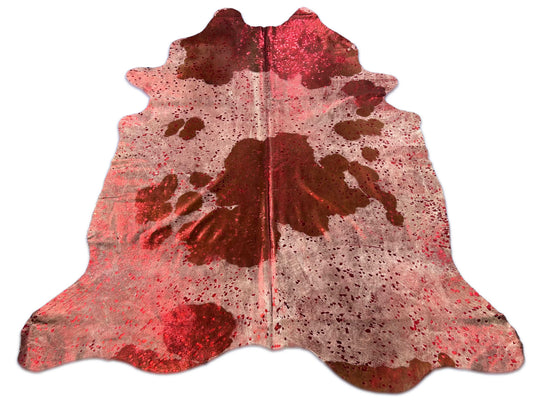 Tapis en peau de vache tachetée avec acide métallique rouge délavé Taille : 7,5x6,7 pieds D-140
