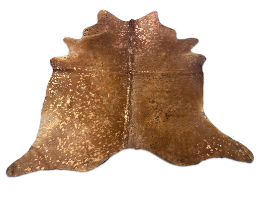 Tapis en peau de vache marron avec finition bronze métallisée délavée à l'acide Taille : 7x7,2 pieds D-167