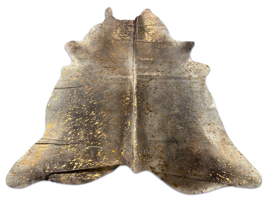 Tapis en peau de vache grise avec finition bronze métallisée délavée à l'acide Taille : 7x6,5 pieds D-172