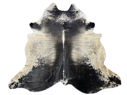 Huge Grey & Black Speckled Cowhide Rug (beige around the belly/ patch in hump) Size: 9x8 feet D-194