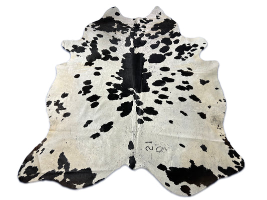 Huge Speckled Cowhide Rug (mainly black and white/ fire brand) Size: 9x7 feet D-195