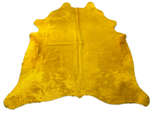 Dyed Yellow Cowhide Rug (longish hair) Size: 7x6.5 feet D-217