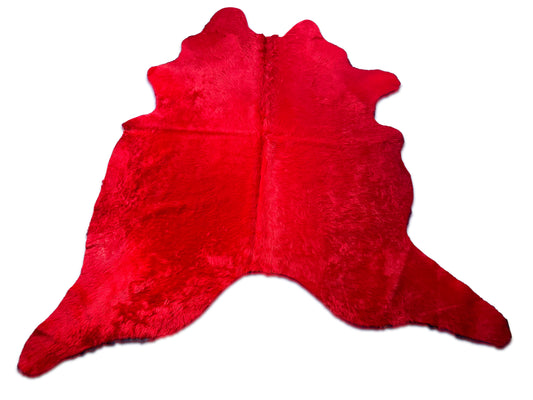 Dyed Red Cowhide Rug (beautiful longish hair) Size: 7.5x7.2 feet D-249