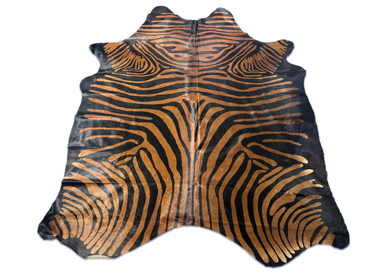 Reverse Zebra Print Cowhide Rug with Brown Stripes (some spots - see photos) Size: 8x6.7 feet D-288