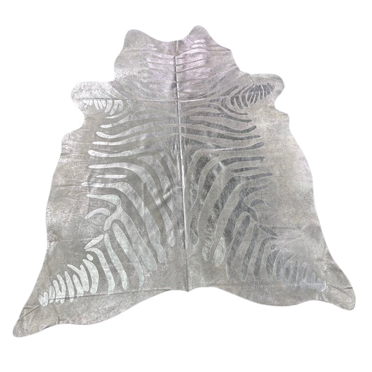 Silver Metallic Zebra Cowhide Rug (1 stitch in the middle) Size: 7x6 feet J-063