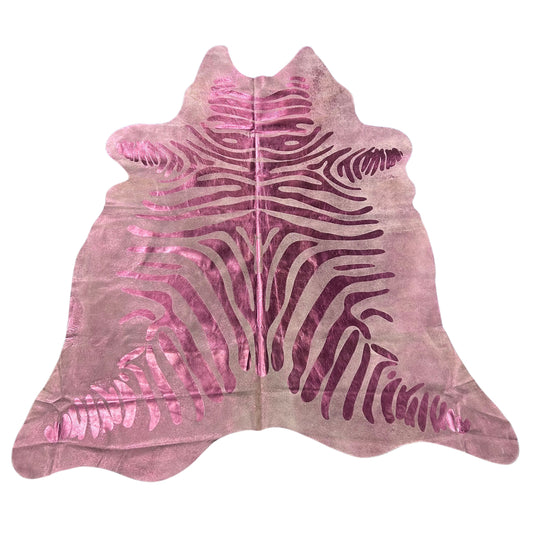 Pink Metallic Zebra Cowhide Rug Size: 7x6.5 feet J-077