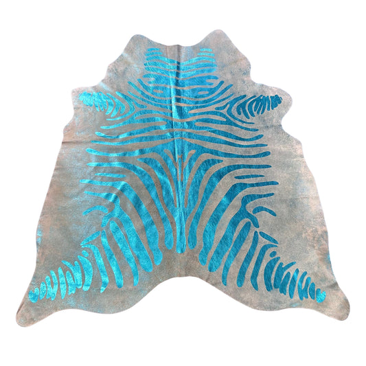 Turquoise Metallic Zebra Cowhide Rug Size: 7x6 feet J-116