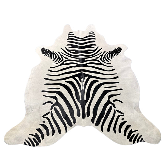 Zebra Print Cowhide Rug (2 small patches and some scars/ quite white!) Size: 7x6.7 feet J-140