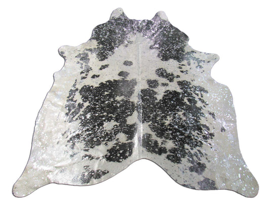Tapis en peau de vache noir et blanc avec finition métallisée argentée délavée à l'acide Taille : 7x6 pieds O-1154