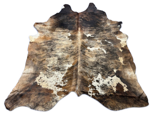 Huge Brazilian Tricolor Brindle Cowhide Rug Size: 8x7 feet O-407
