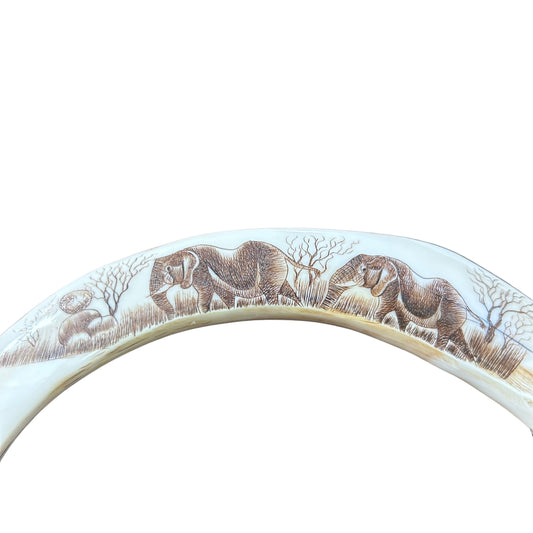 Hand Scrimshawed African Warthog Tooth Tusk 9 1/2" with Metal Stand