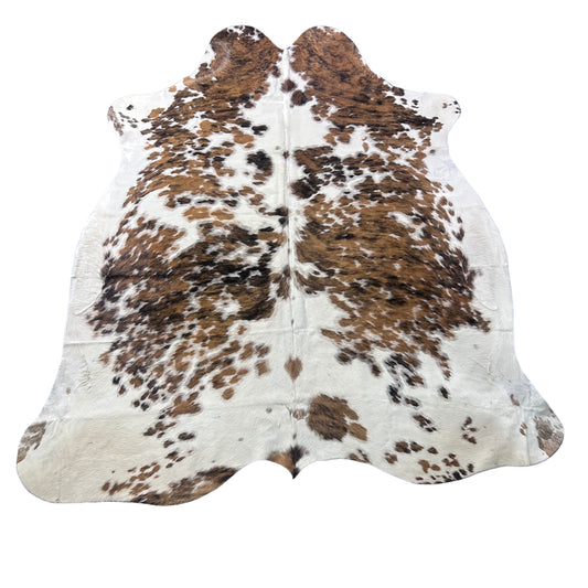 Tricolor Cowhide Rug (speckled with lighter tones/ small patch) Size: 7.5x7 feet X-024