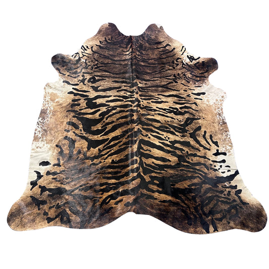 Tiger Print Cowhide Rug (with white belly) Size: 7.2x6.7 feet Y-088