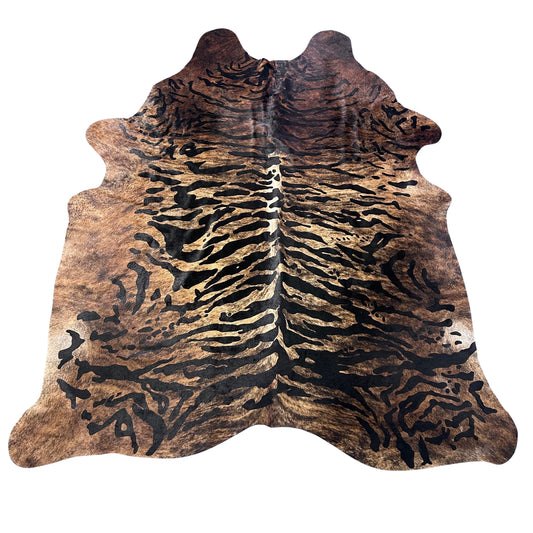 Siberian Tiger Print on Brindle Cowhide Rug Size: 7.7x6.5 feet Y-123