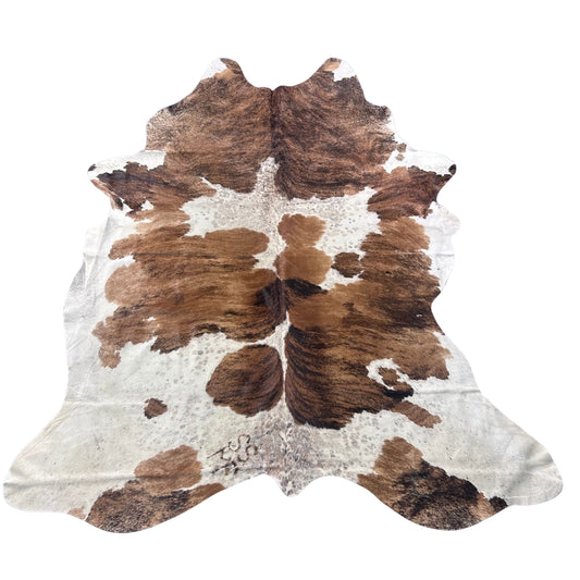 Tricolor Brindle Cowhide Rug (3 small patches/ 2 fire brands) Size: 7.2x6.2 feet Z-052
