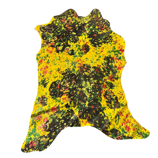 Dyed Yellow Calf Skin with Floral Pattern Acid Washed Size: 39x30" Z-066