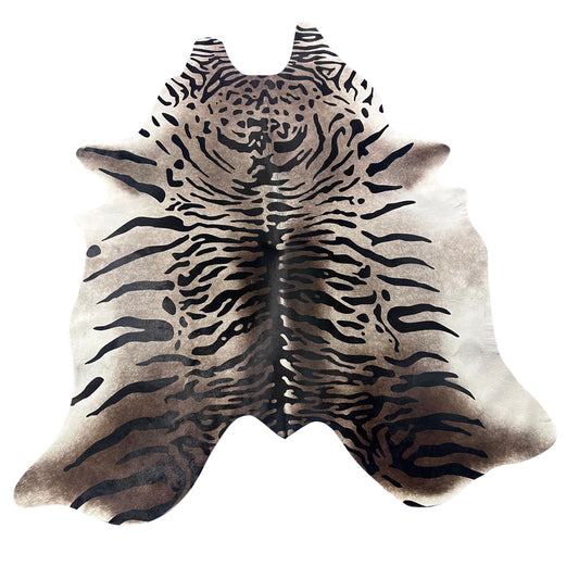 Tiger Print Cowhide Rug on Dark Grey Background (a bit of brown mixed in) Size: 7.2x6.2 feet Z-081