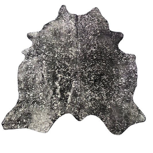 Dyed Black Cowhide Rug with Silver Acid Washed (1 patch) Size: 7.2x6.2 feet Z-217