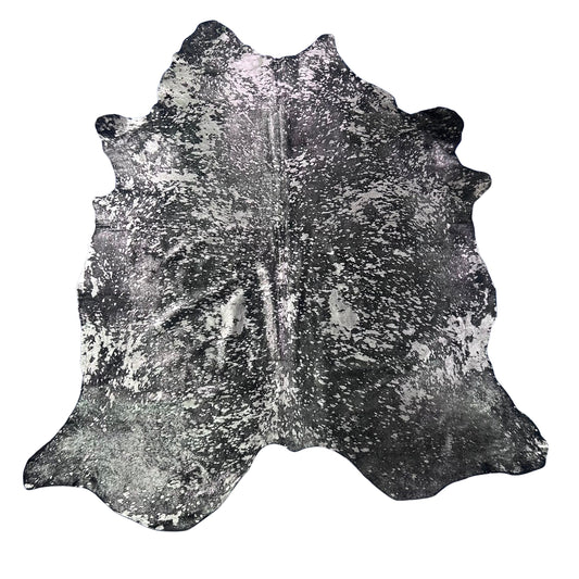 Dyed Black Cowhide Rug with Silver Acid Washed (1 patch) Size: 8x7 feet Z-219