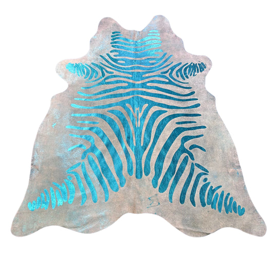 Turquoise Metallic Zebra Print Cowhide Rug Size: 7x6 feet Z-331