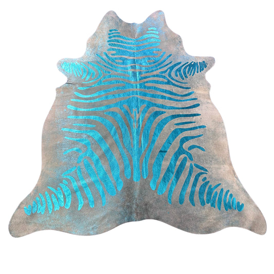 Turquoise Metallic Zebra Print Cowhide Rug Size: 7x6 feet Z-332