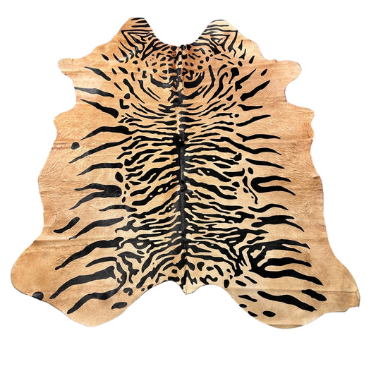 Java Tiger with Beige background Cowhide Rug Size: 7.7x6.5 feet Z-383
