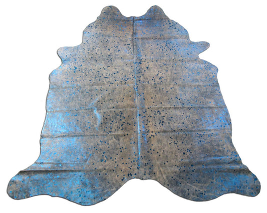 Tapis en cuir de vache bleu métallisé (lettres en forme de feu) Taille : 7x6 pieds B-297