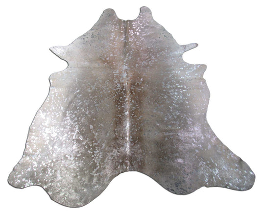 Tapis en peau de vache gris beige avec finition métallisée argentée délavée à l'acide (kromatica) Taille : 8x6,7 pieds B-300