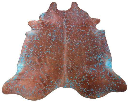 Brown Cowhide Rug with Blue Acid Washed Size: 7.5x6.5 feet C-1387