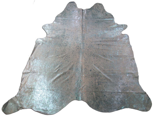 Tapis en cuir de vache délavé à l'acide turquoise métallisé (peau magnifique et grande) Taille : 8x7 pieds C-1469