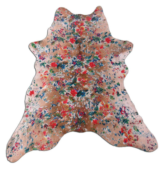 Light Brown Calf Skin Rug with Floral Acid Washed Size: 43x35" C-1563