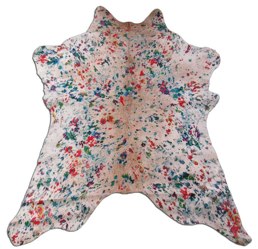 Tapis en peau de veau beige avec motif floral délavé à l'acide Taille : 43x35" C-1564