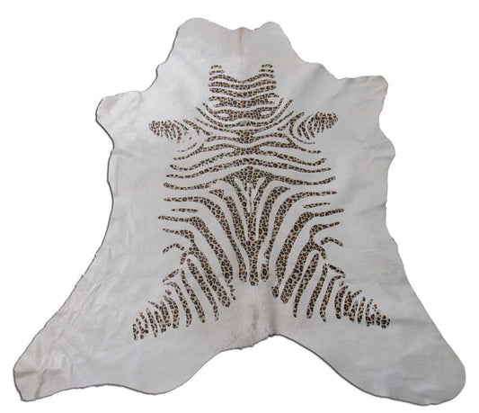 Zebra Print Calfskin Rug with Leopard Pattern on Stripes - Size: 45" x 41" C-1568