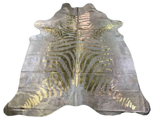 Tapis en peau de vache couleur champagne avec rayures zébrées métalliques dorées (le bas a une zone blanche) Taille : 8x7,5 pieds C-1613