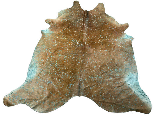 Tapis en peau de vache marron délavé à l'acide turquoise - Dimensions : 8x7 pieds C-1674
