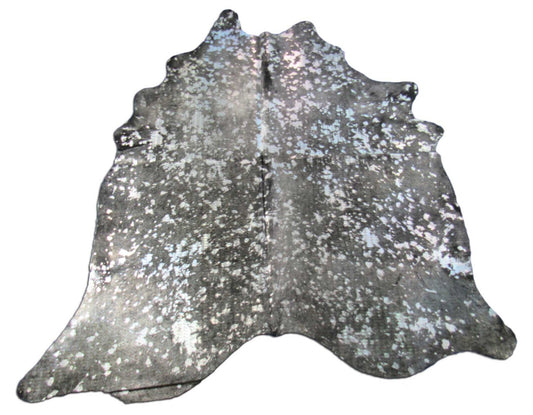 Tapis en cuir de vache délavé à l'acide teinté noir métallisé argent - Taille : 7x6,2 pieds C-1708