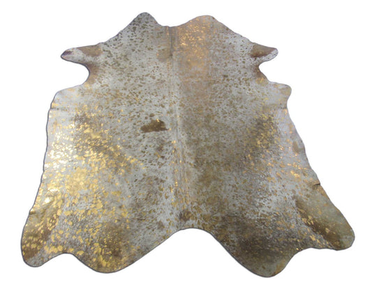 Medium Brown Speckled Cowhide Rug with Bronze Metallic Acid Wash - Size: 7x6.2 feet C-1716