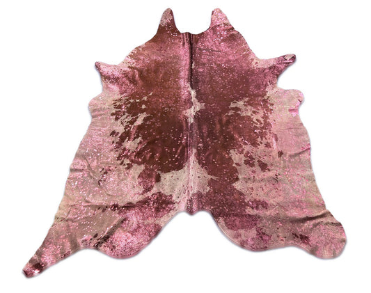 Tapis en cuir de vachette rose métallisé délavé à l'acide, marron et blanc, taille : 7 x 6,2 pieds C-1822