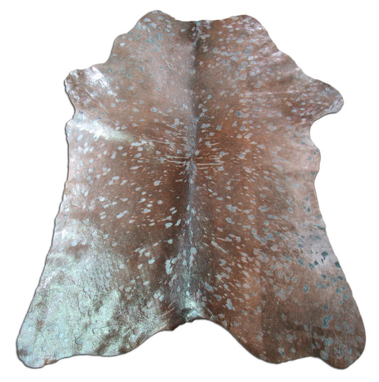 Turquoise Acid Washed Calfskin Size: ~33" X 29" Brown/Metallic Turquoise Calf Skin Mini Cowhide Rug