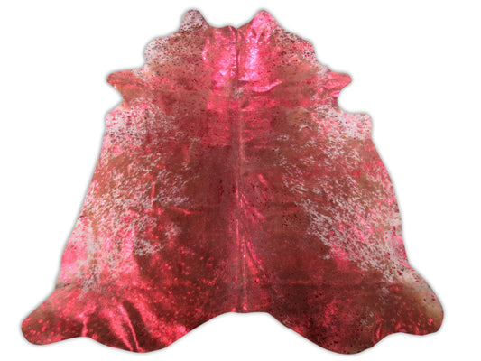 Tapis en cuir de vache métallisé rouge Taille : 7 1/2' X 6 1/2' Tapis en cuir de vache délavé à l'acide blanc/rouge K-189