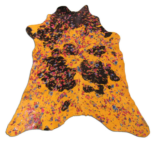 Dyed Yellow Calf Skin with Floral Acid Washed Size: 34x29" K-215a