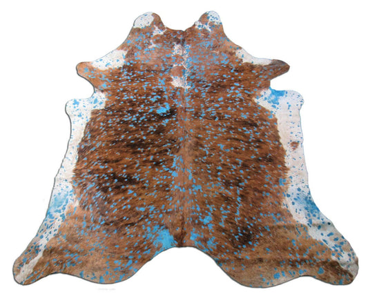 White Belly Brindle Cowhide Rug with Turquoise Acid Washed Size: 8x7 feet K-237A