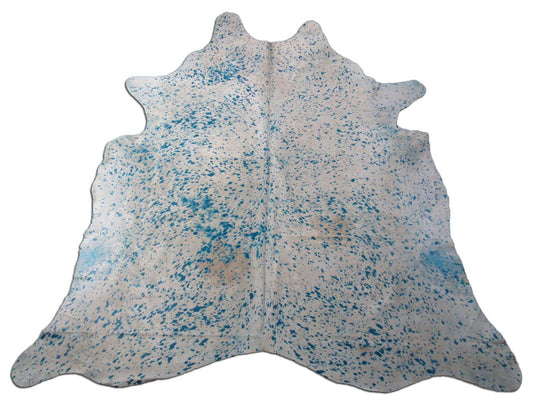 Off-White Cowhide Rug with Blue Turquoise Acid Washed (beige spots) Size: 8x7 feet K-244A