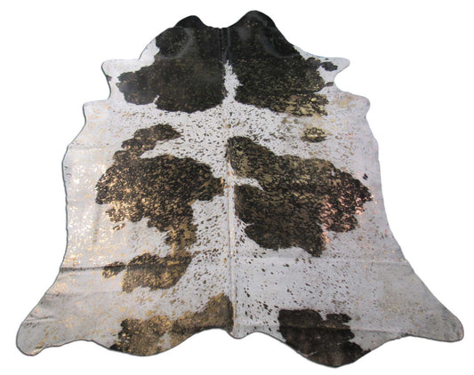 Black and White Spotted Cowhide Rug with Gold Metallic Acid Washed Spots - Size: 7.5x6.5 feet K-253