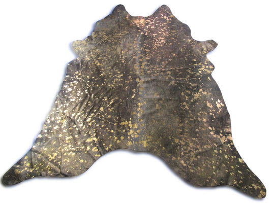Tapis en cuir de vache marron foncé avec délavé à l'acide métallisé bronze - Dimensions : 7,2 x 7,2 pieds K-319