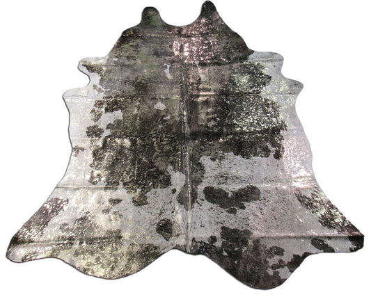 Black & White Cowhide Rug with Gold Metallic Acid Washed (dull gold) Size: 8 1/4x7 feet M-1022