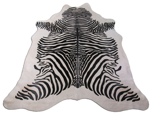 Beautiful Zebra Print Cowhide Rug (hard to see stitch in neck) Size: 7x6 feet M-1088