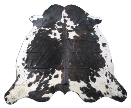 Grand tapis en peau de vache tricolore (principalement des tons foncés) Taille : 8x7 pieds M-1209