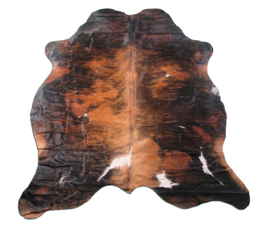 Tapis en peau de vache tricolore impressionnant et unique Taille : 6,2 x 5,5 pieds M-1224